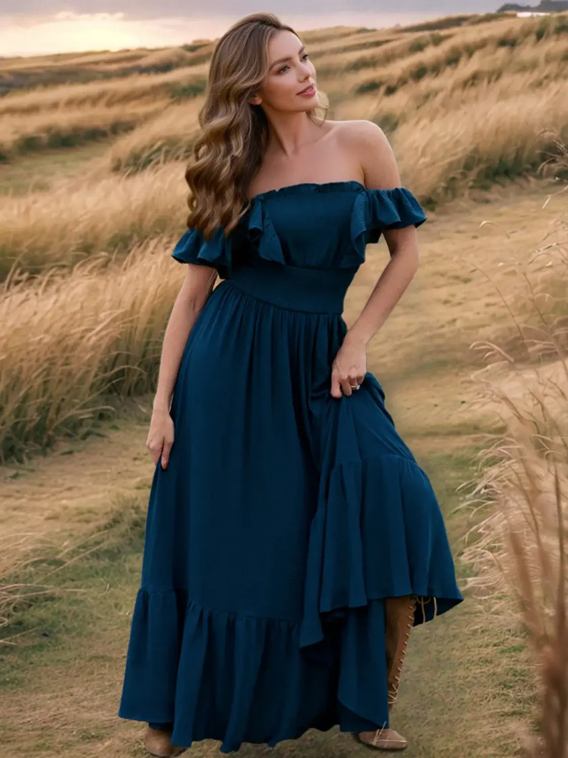Ruffled Smocked Square Neck Maxi Dress - Trendsi - Flyclothing LLC