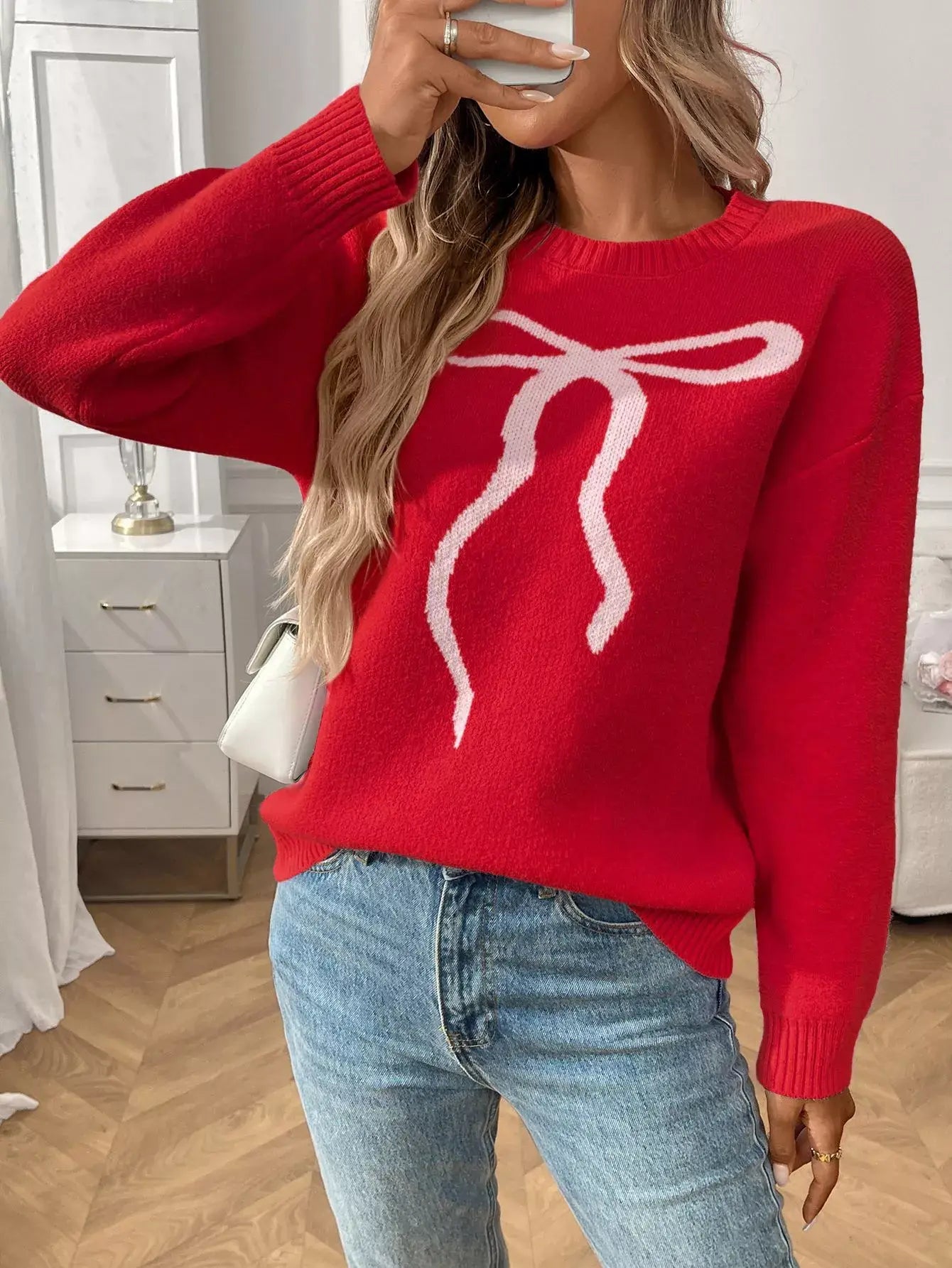 Bow Round Neck Long Sleeve Sweater - Trendsi - Flyclothing LLC