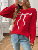 Bow Round Neck Long Sleeve Sweater - Trendsi - Flyclothing LLC