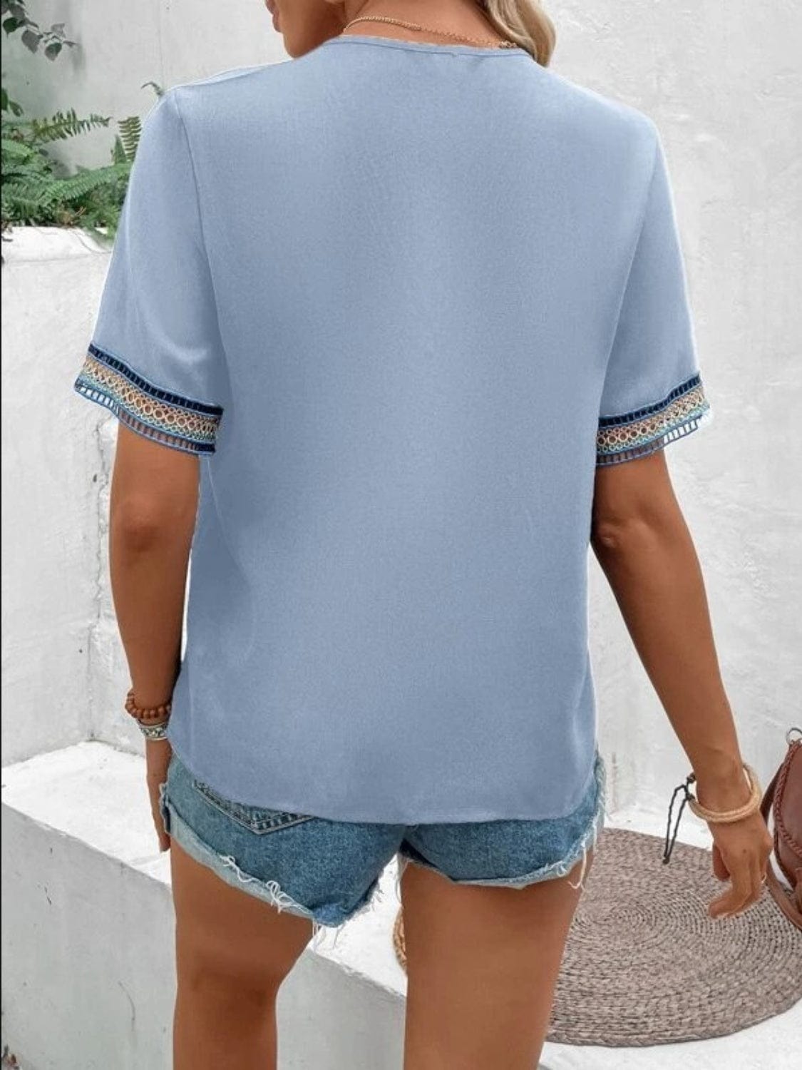 Full Size V-Neck Short Sleeve Blouse - Trendsi