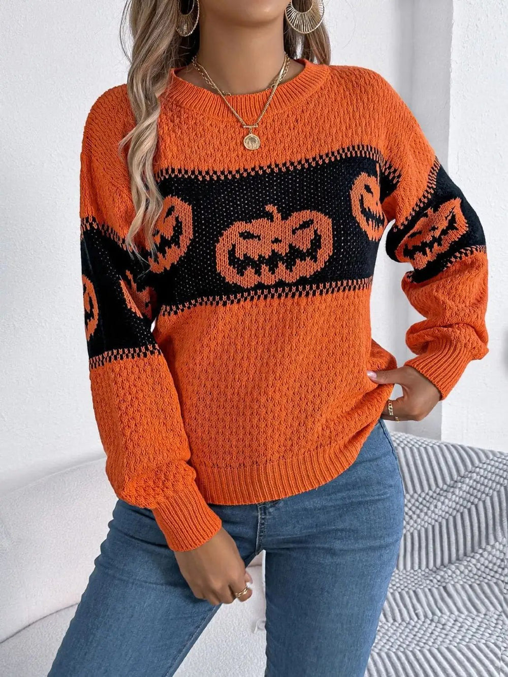 Pumpkin Round Neck Long Sleeve Sweater - Trendsi