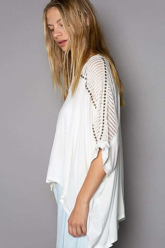 POL Oversize V-Neck Crochet Lace Contrast Studded Top - Trendsi - Flyclothing LLC
