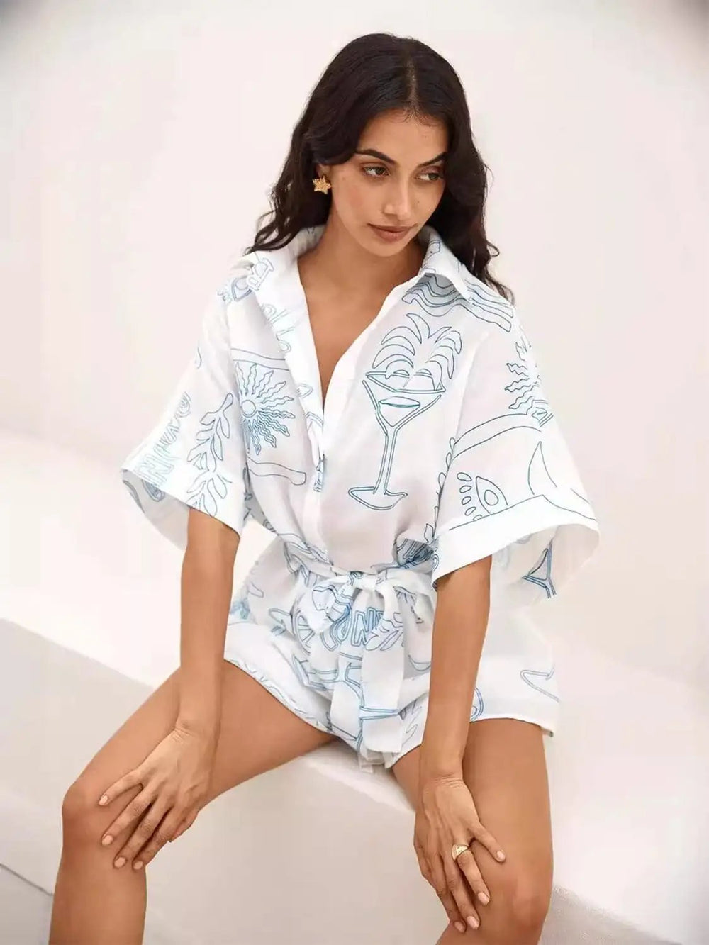 Printed Collared Neck Half Sleeve Romper - Trendsi