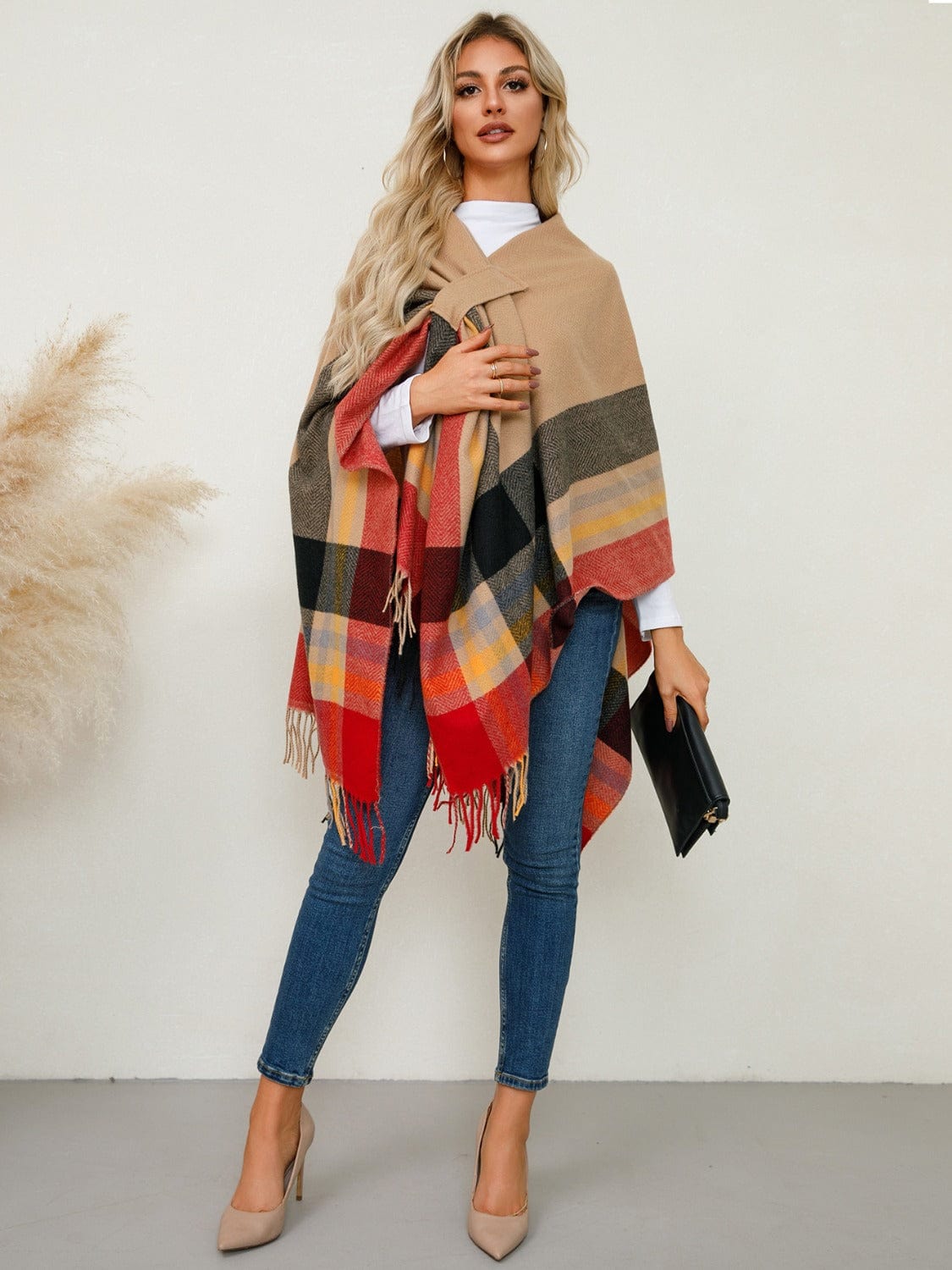 Fringe Contrast Plaid Poncho - Trendsi
