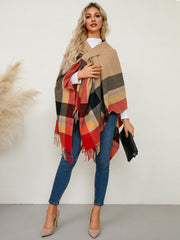 Fringe Contrast Plaid Poncho - Trendsi