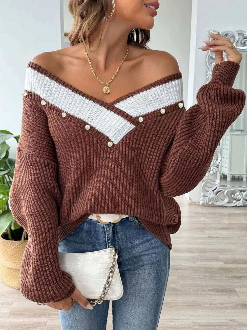 Contrast Trim Dropped Shoulder Long Sleeve Sweater - Trendsi - Flyclothing LLC