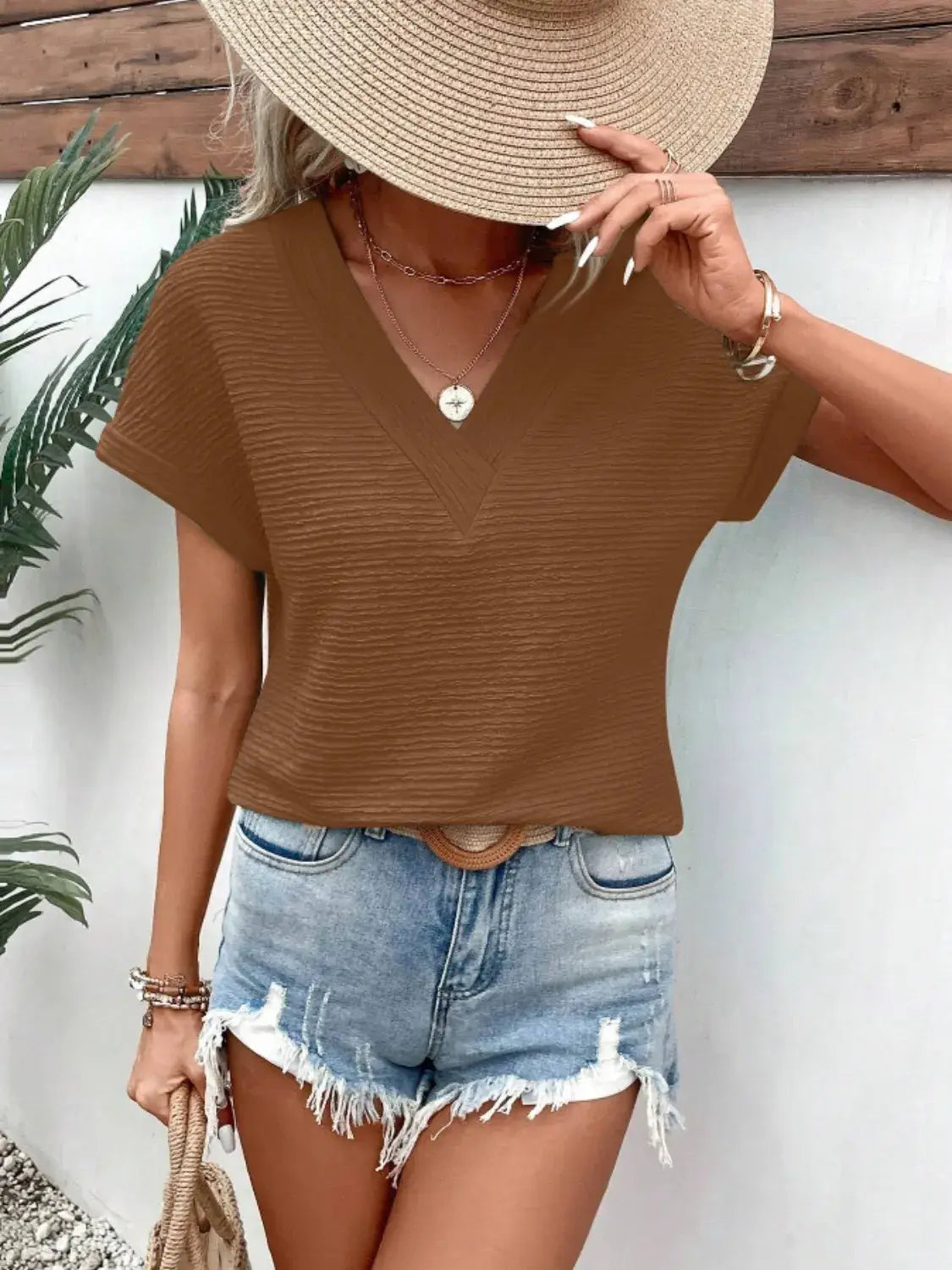 Textured Solid Color Short Sleeve Top - Trendsi - Flyclothing LLC