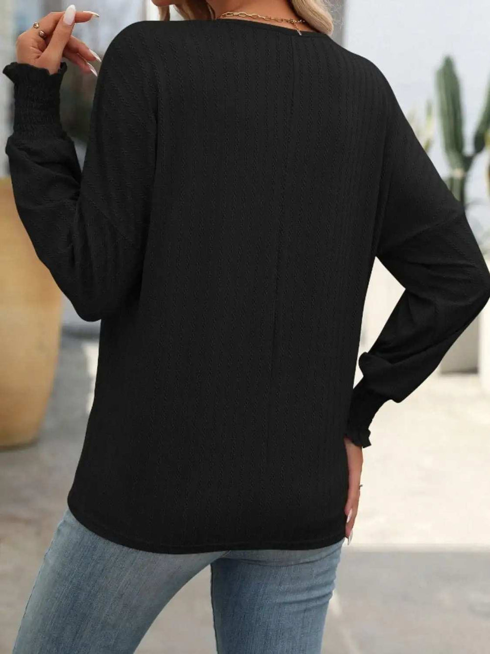 Textured Notched Lantern Sleeve T-Shirt - Trendsi - Flyclothing LLC