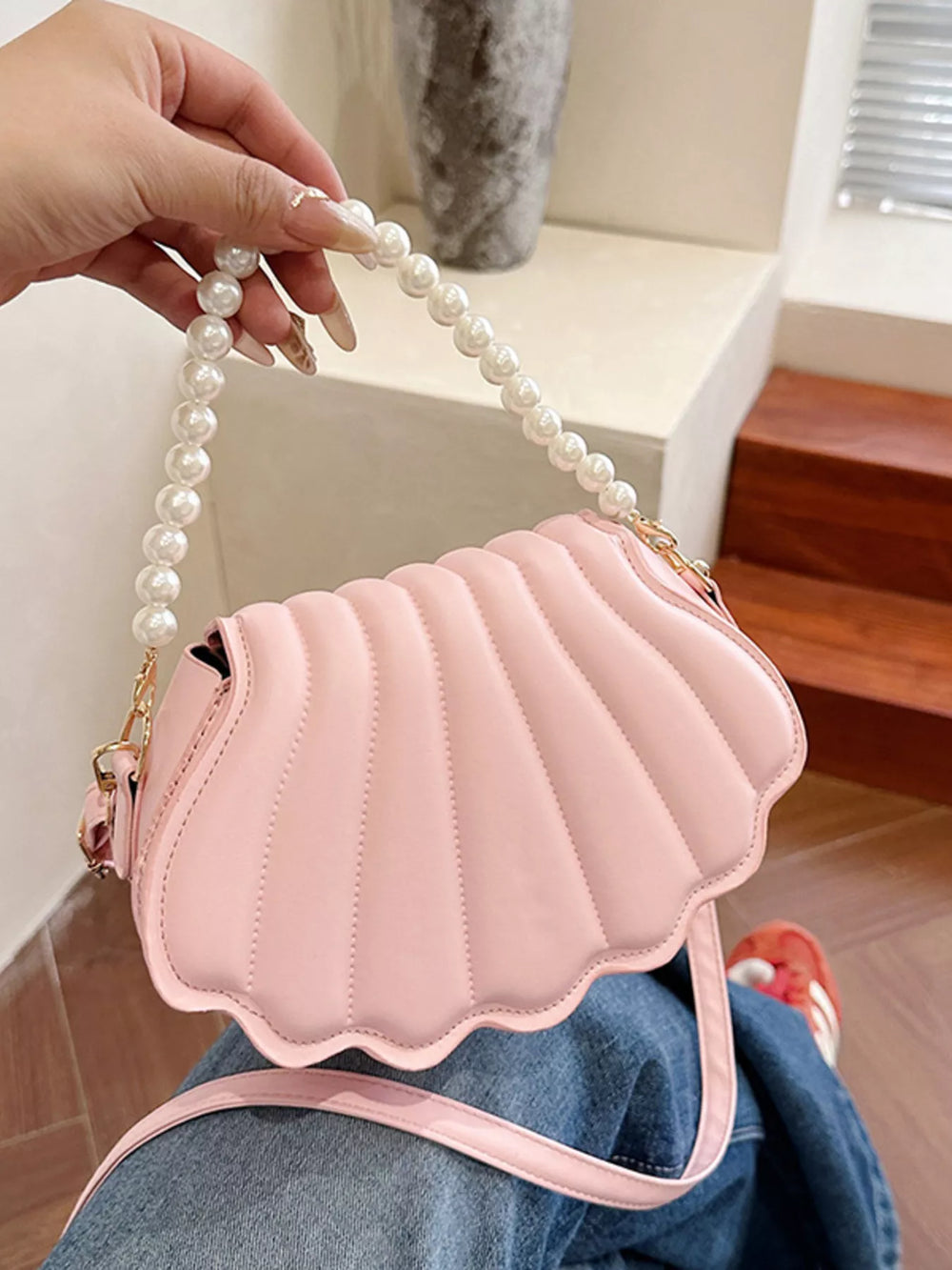 Shell-Shaped Pearl Decor Crossbody Bag - Trendsi - Flyclothing LLC