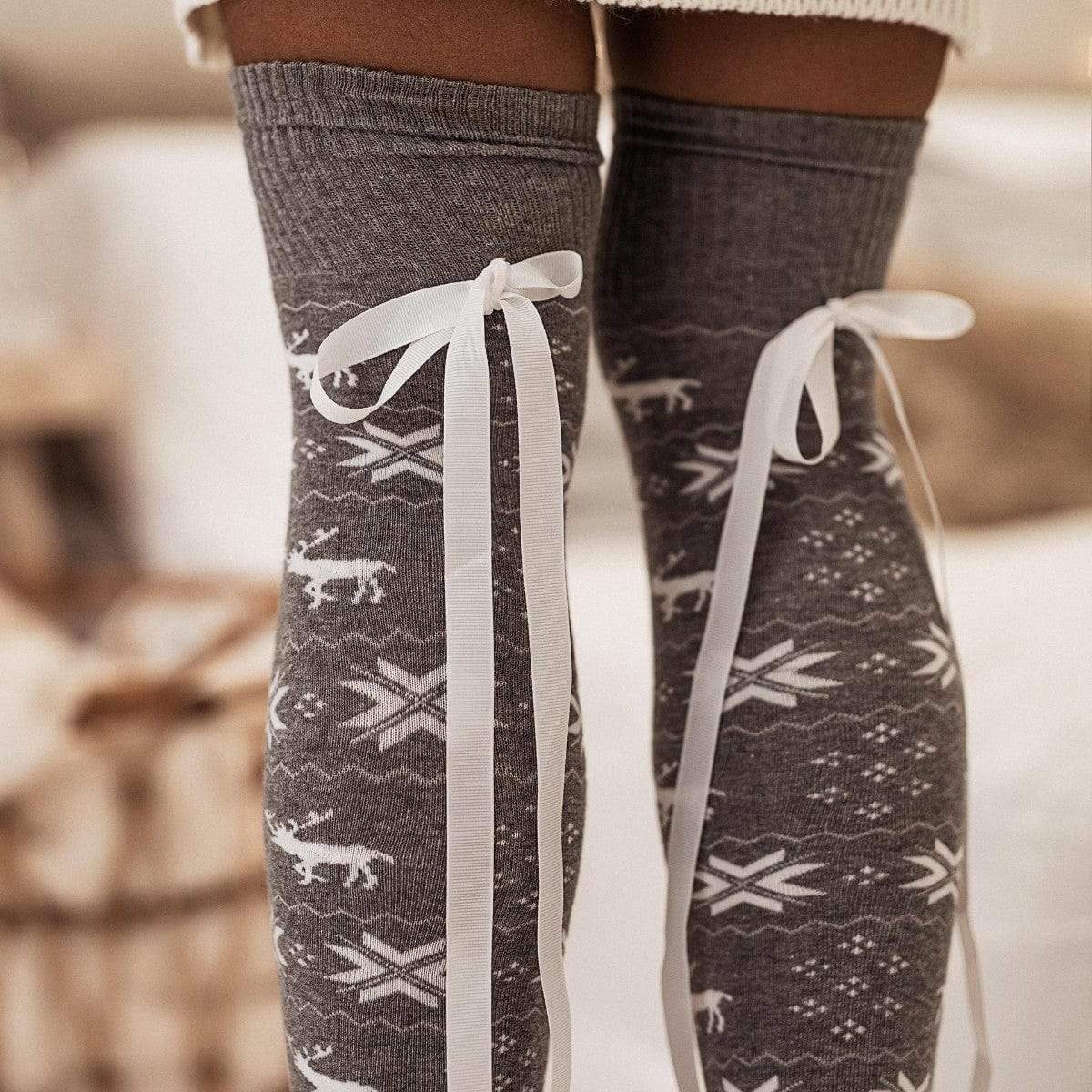 Christmas Element Bowknot Ribbed Trim Over Knee Stockings - Trendsi - Flyclothing LLC