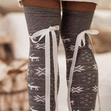 Christmas Element Bowknot Ribbed Trim Over Knee Stockings - Trendsi - Flyclothing LLC