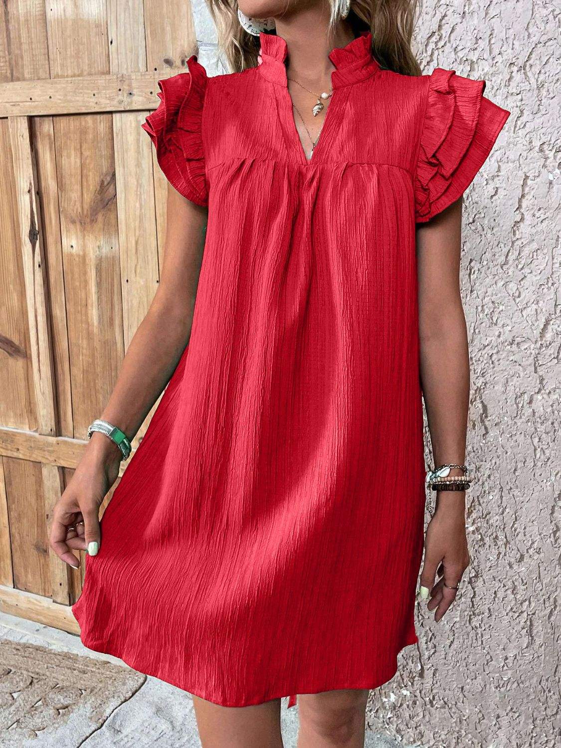 Ruffled Notched Cap Sleeve Mini Dress - Trendsi - Flyclothing LLC