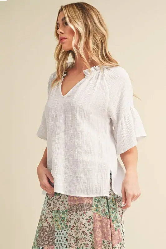 Aemi + Co Side Slit Notched Ruffled Half Sleeve Blouse - Trendsi - Flyclothing LLC