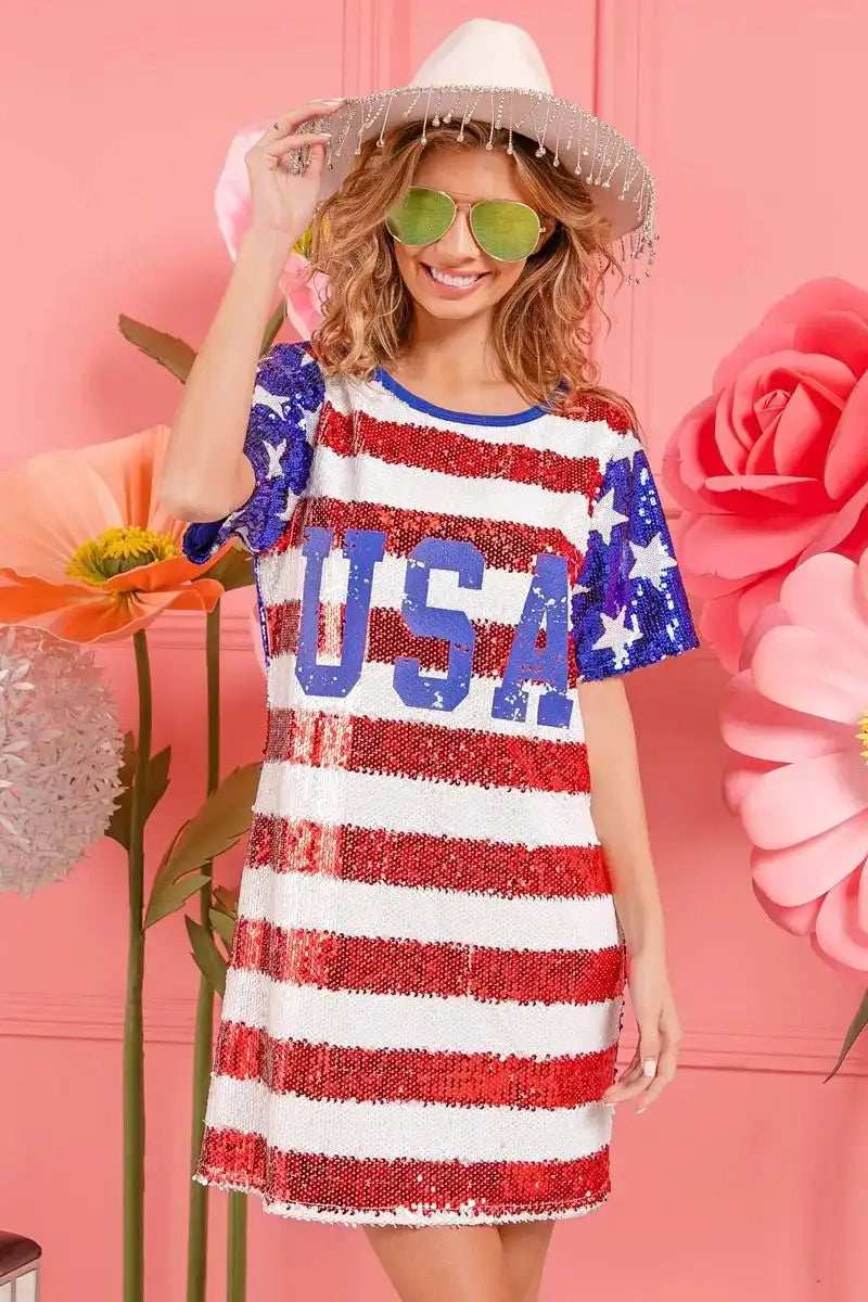 BiBi American Flag Theme Usa Print Sequin Dress - Trendsi - Flyclothing LLC