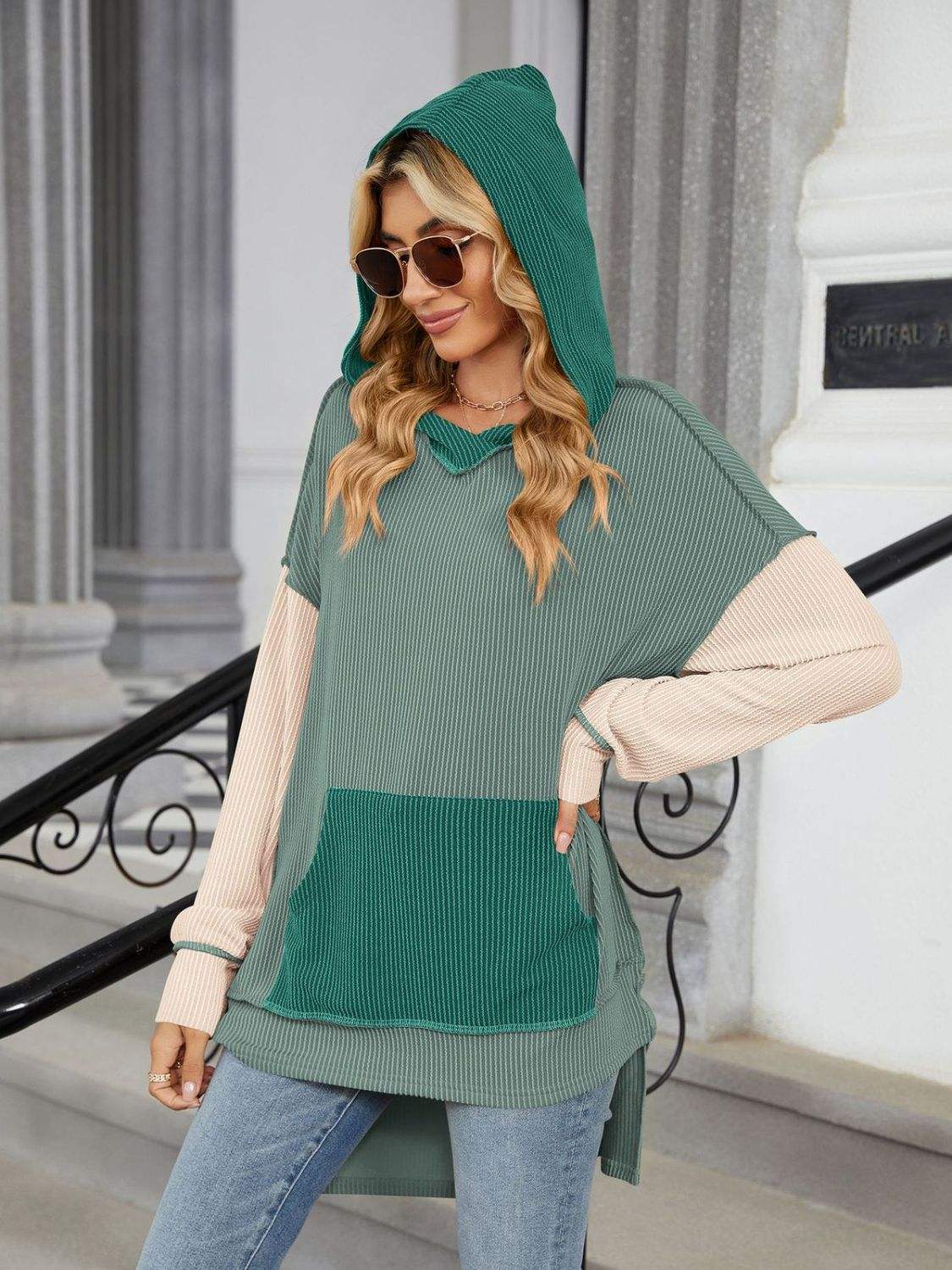 Double Take Contrast Hooded Long Sleeve Top - Trendsi - Flyclothing LLC