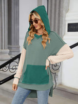 Double Take Contrast Hooded Long Sleeve Top - Trendsi - Flyclothing LLC