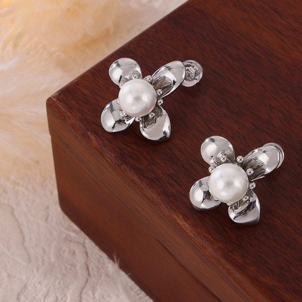 Synthetic Pearl Titanium Steel Flower Earrings - Trendsi - Flyclothing LLC