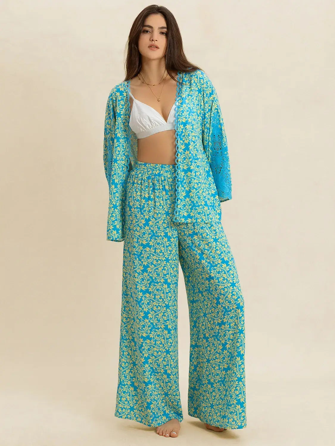 Open Front Printed Top and Pants Set - Trendsi - Flyclothing LLC