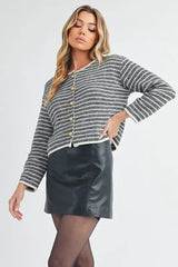 Aemi + Co Striped Button Down Round Neck Cardigan - Trendsi - Flyclothing LLC