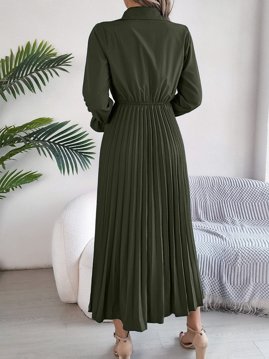 Pleated Half Button Long Sleeve Midi Dress - Trendsi