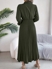 Pleated Half Button Long Sleeve Midi Dress - Trendsi