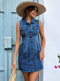 Pocketed Button Up Sleeveless Denim Dress - Trendsi