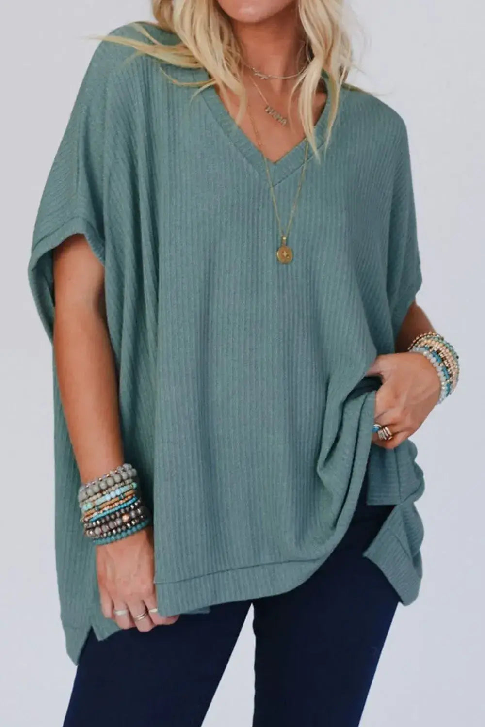 Oversized Ribbed Knit V Neck Dolman Short Sleeve Top - Trendsi - Flyclothing LLC