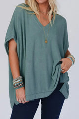 Oversized Ribbed Knit V Neck Dolman Short Sleeve Top - Trendsi - Flyclothing LLC