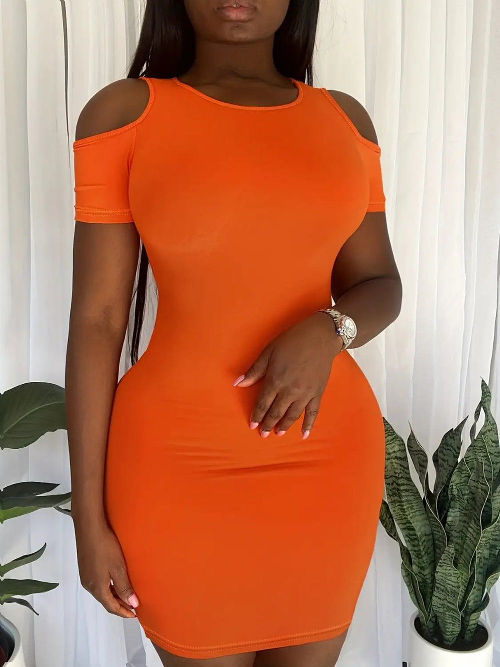 Plus Size Cold Shoulder Short Sleeve Mini Dress - Trendsi