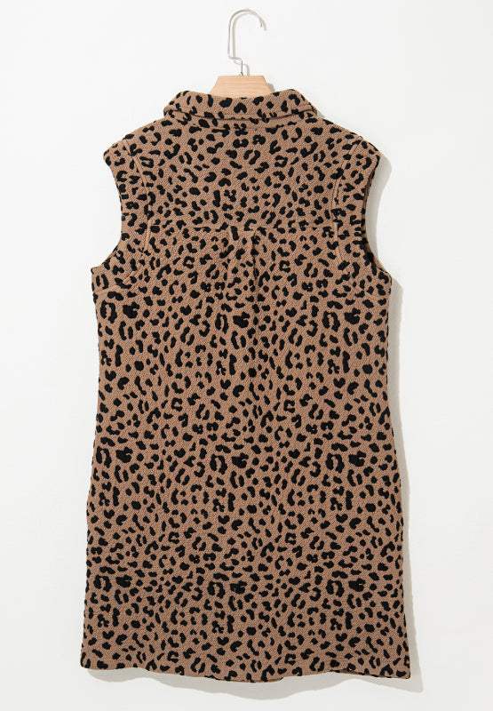 Leopard Johnny Collar Sleeveless Mini Dress - Trendsi - Flyclothing LLC