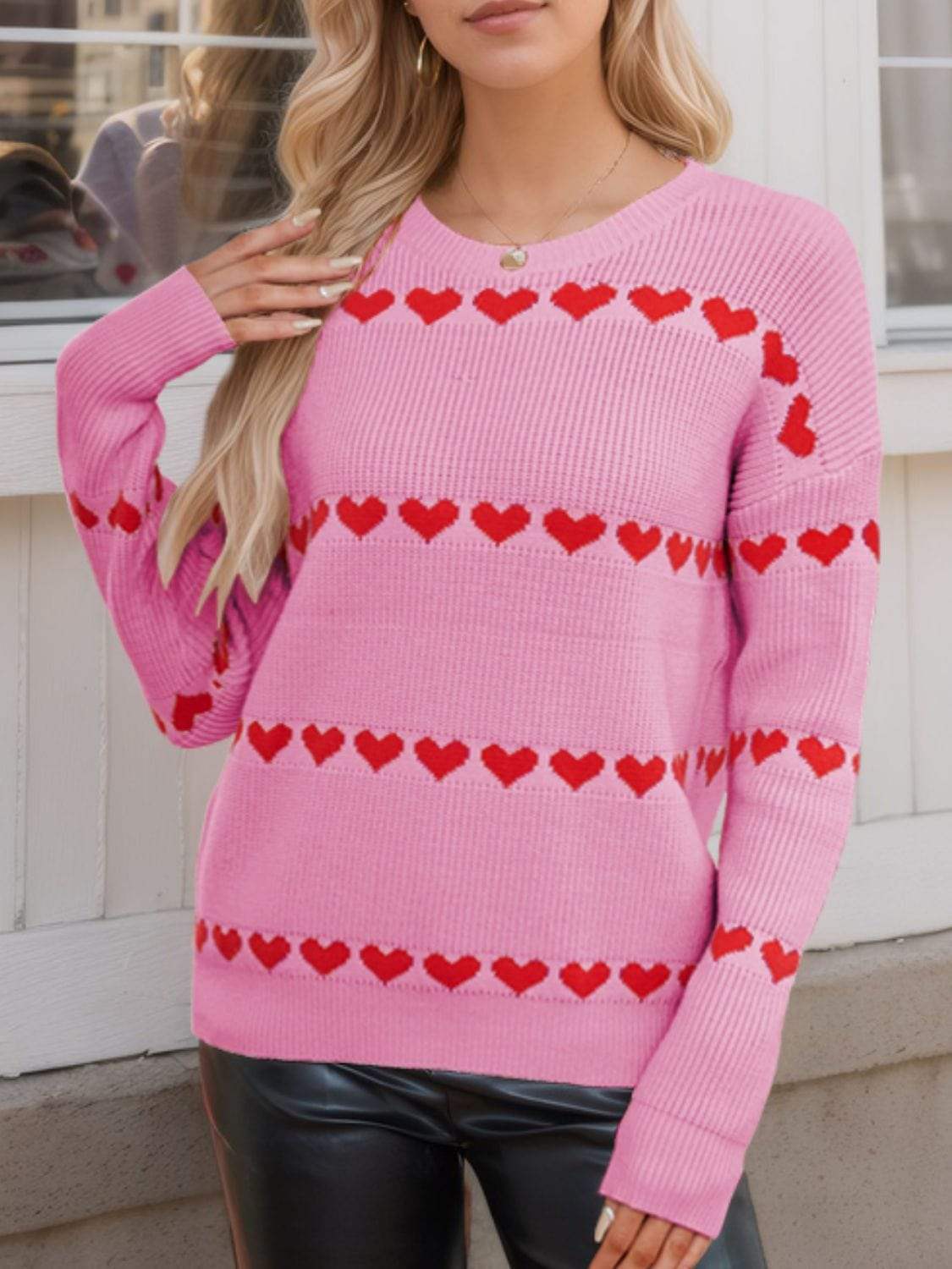 Heart Round Neck Long Sleeve Sweater - Trendsi - Flyclothing LLC