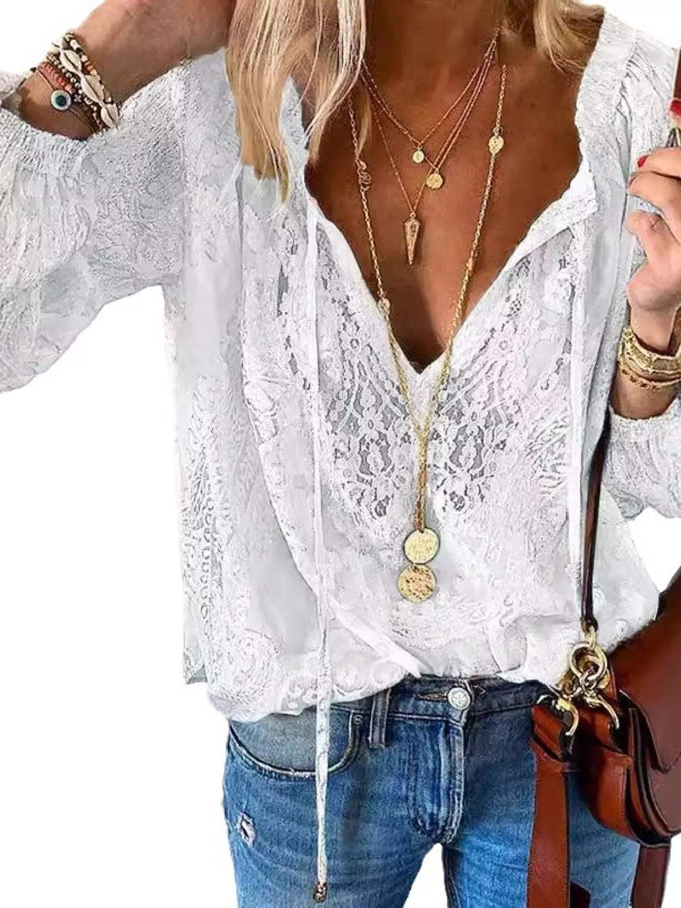 Lace Tie-Neck Blouse - Trendsi - Flyclothing LLC