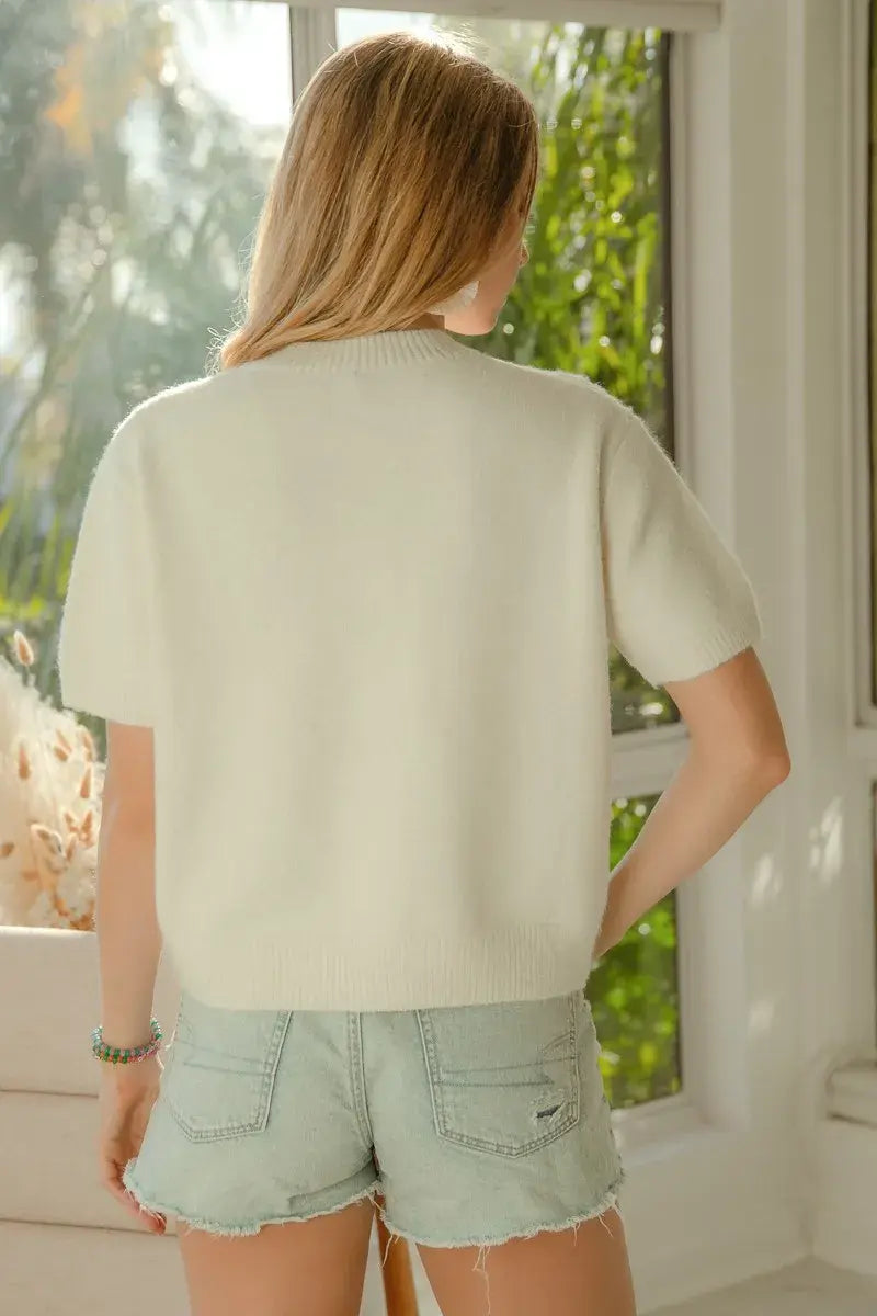 BiBi Teddy Bear With Bow Patched Sweater Button Down Top - Trendsi - Flyclothing LLC