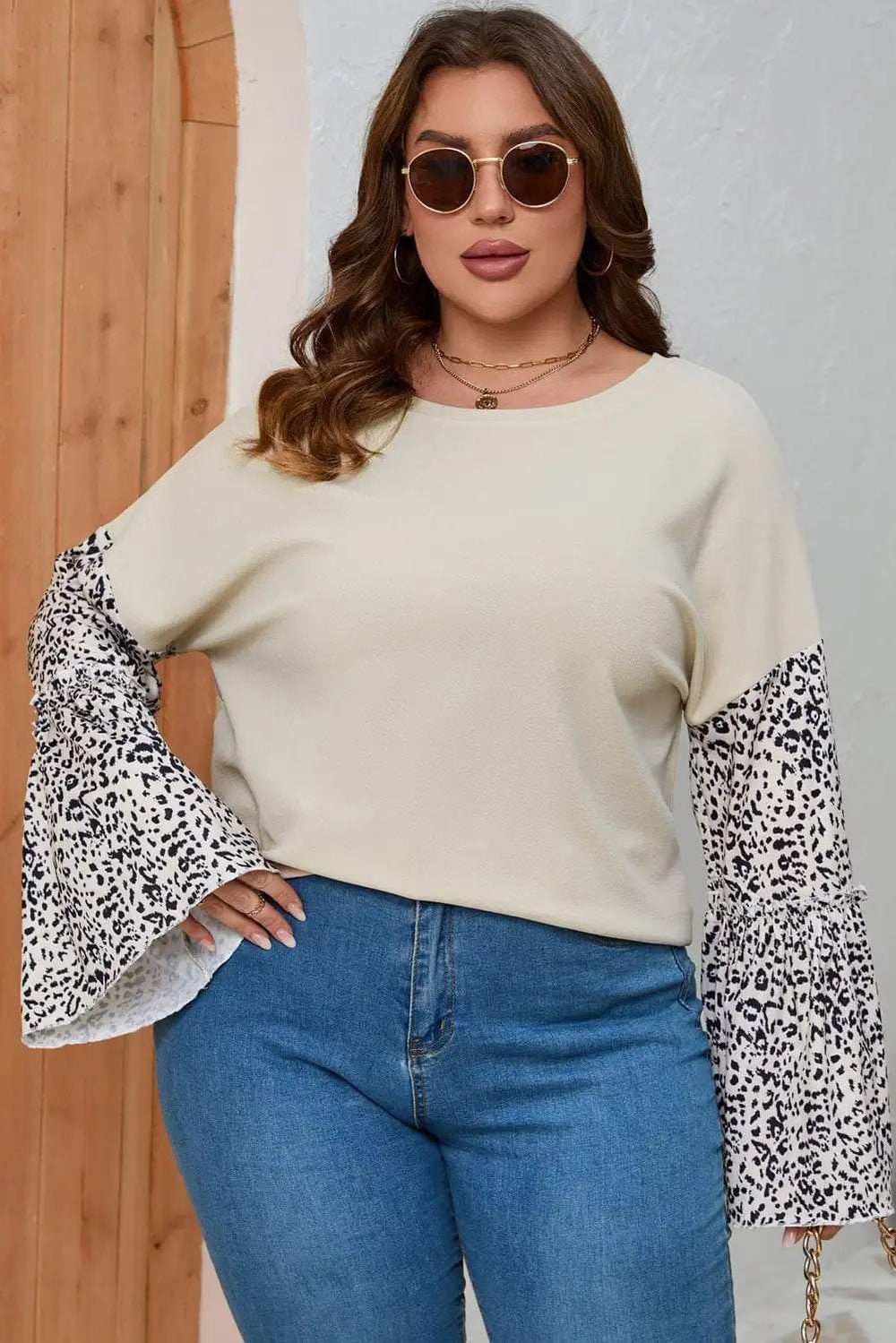 Plus Size Leopard Round Neck Long Sleeve Top - Trendsi - Flyclothing LLC