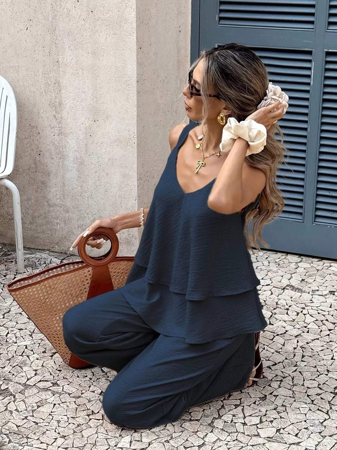 V-Neck Top and Wide-Leg Pants Set - Trendsi - Flyclothing LLC