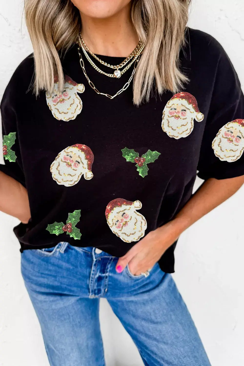 Christmas Holly Santa Claus Sequin Patched Graphic Tee - Trendsi - Flyclothing LLC