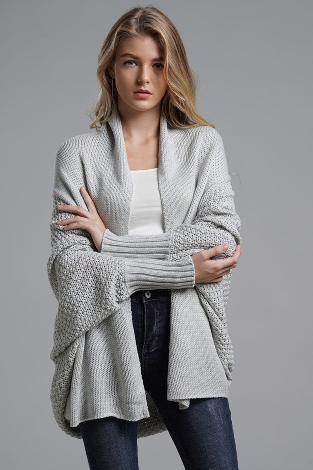 Open Front Batwing Sleeve Cardigan - Trendsi