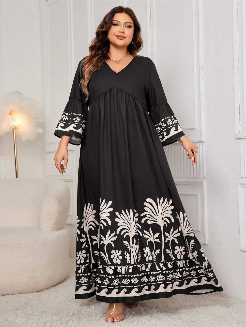 Plus Size Printed V-Neck Long Sleeve Maxi Dress - Trendsi - Flyclothing LLC