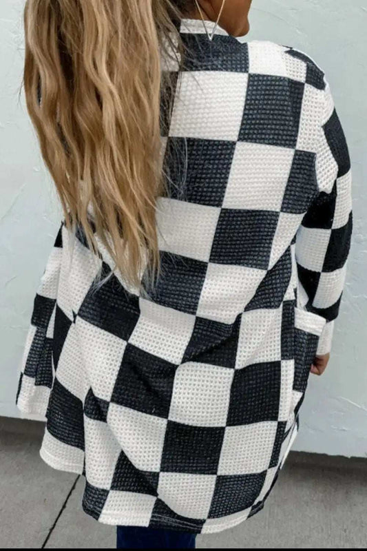 Checkered Open Front Long Sleeve Cover Up - Trendsi - Flyclothing LLC