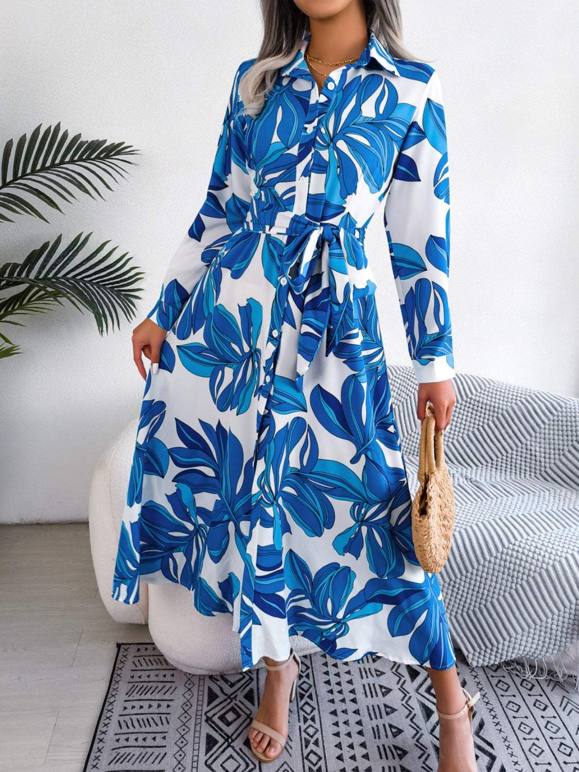 Tied Button Up Long Sleeve Dress - Trendsi - Flyclothing LLC