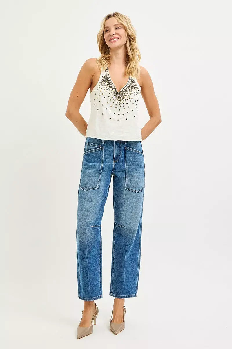 RISEN 4 Way Stretch Mid Rise Barrel Jeans with Patch Pocket Detail - Trendsi - Flyclothing LLC