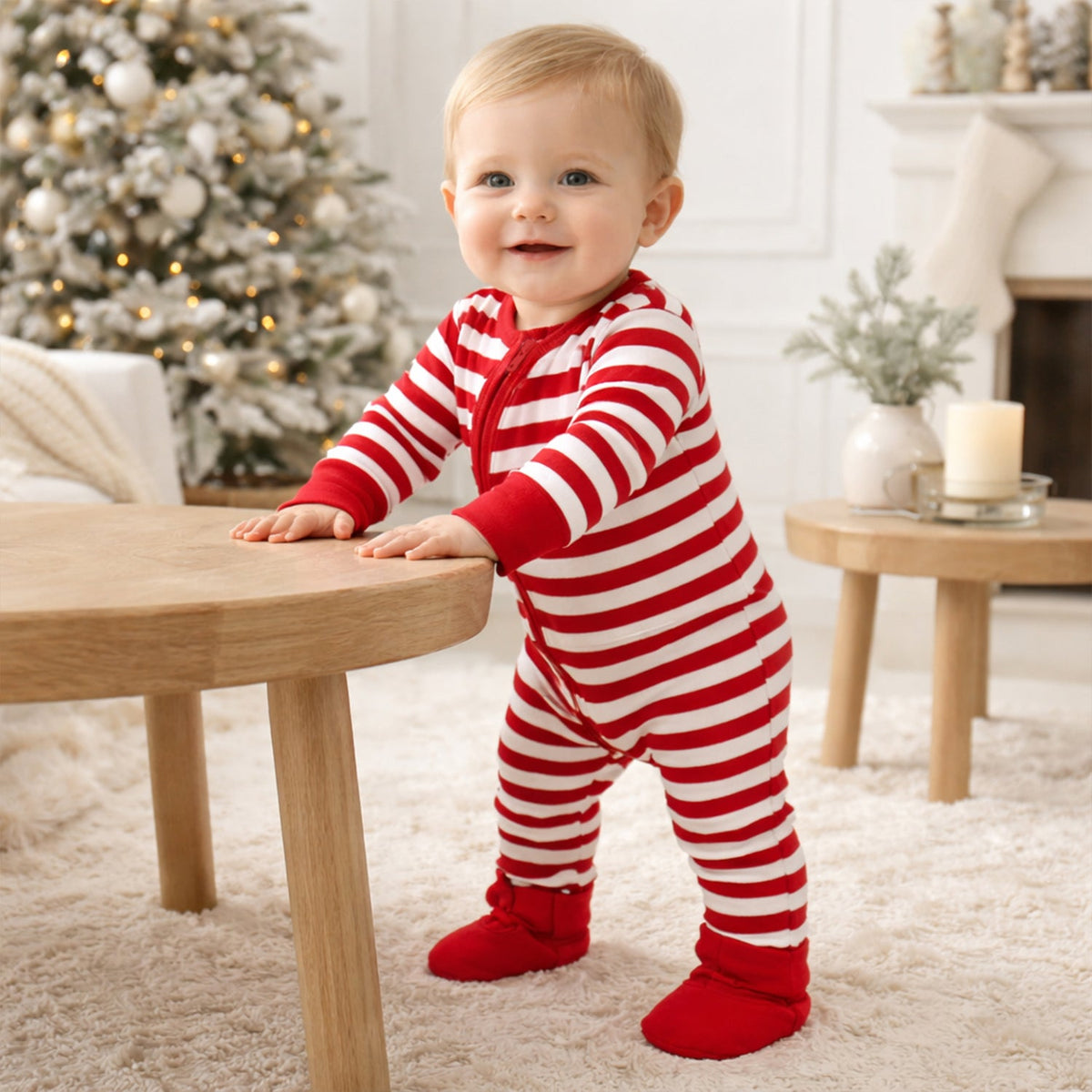 Candy Cane Christmas Stripe Baby Zipper Romper - 100% Cotton - Tesa Babe - Flyclothing LLC