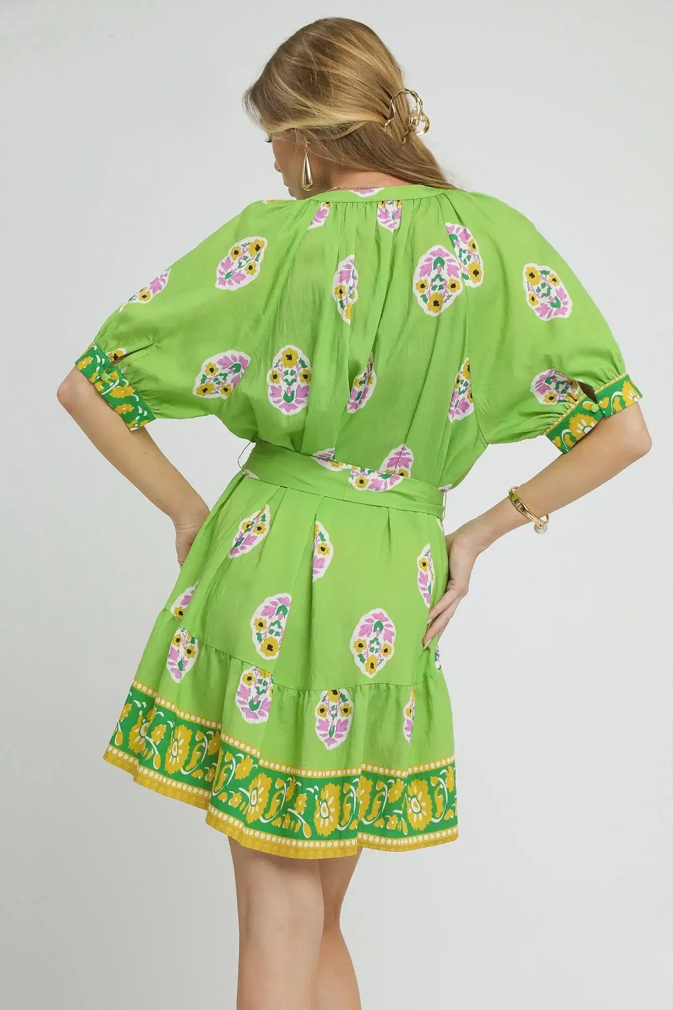 Umgee Floral Print Tie Waist Short Sleeve Dress - Trendsi - Flyclothing LLC