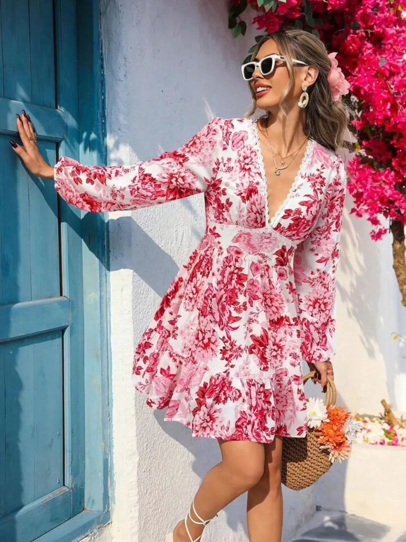 Full Size Floral Print V-Neck Long Sleeve Ruffle Hem Mini Dress Plus Size - Trendsi - Flyclothing LLC