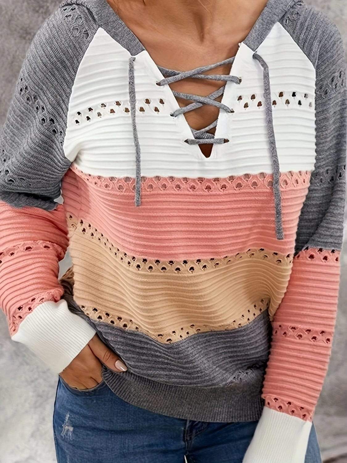 Lace-Up Contrast Long Sleeve Hooded Sweater - Trendsi - Flyclothing LLC