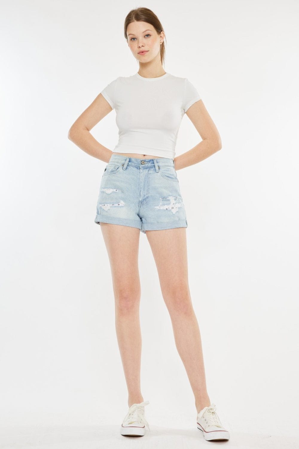 Kancan High Rise Repaired Mom Denim Shorts - Trendsi