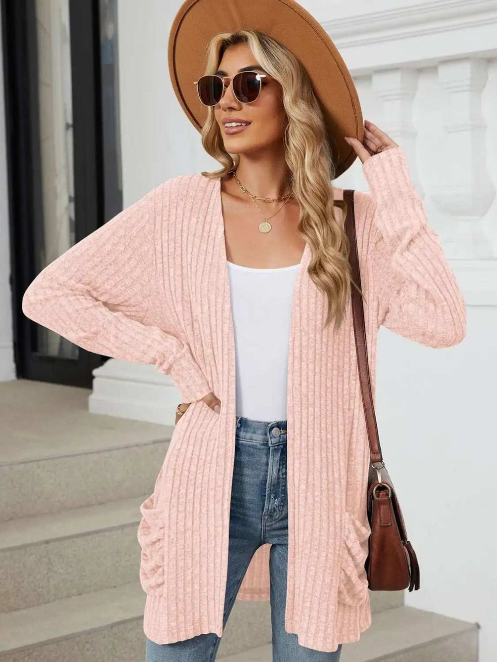 Pocketed Open Front Long Sleeve Cardigan - Trendsi - Flyclothing LLC