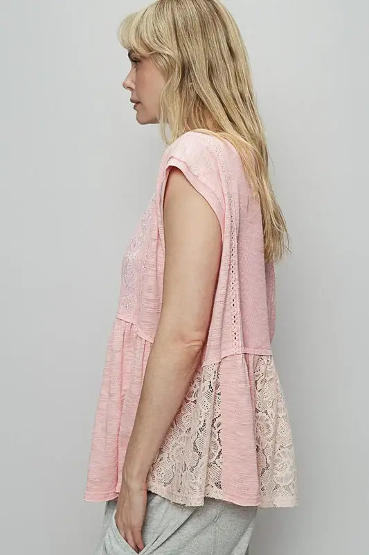 POL Embroidered Detail Boat Neck Cap Sleeve Lace Blouse - Trendsi - Flyclothing LLC