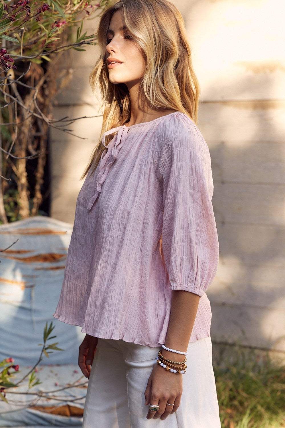In February Textured Tie Neck Blouse - Trendsi - Flyclothing LLC