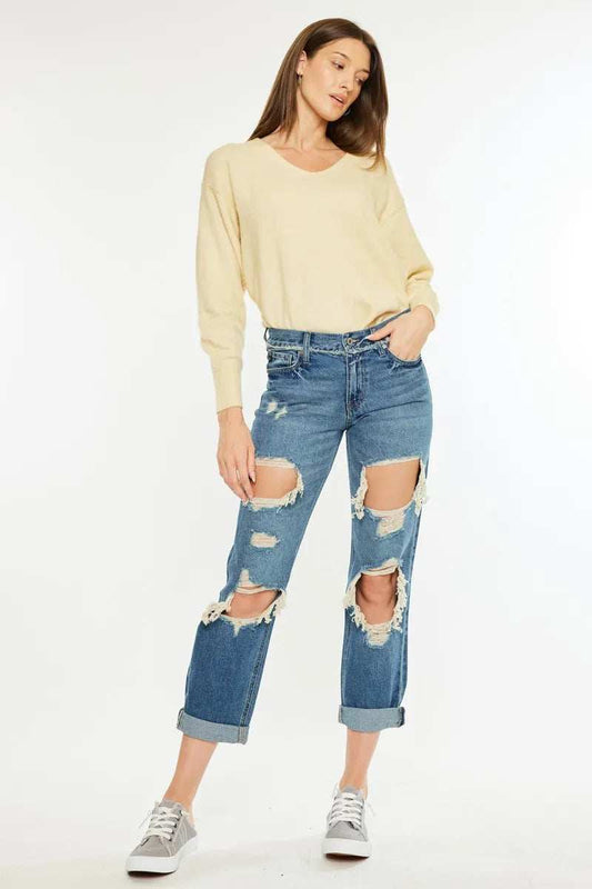 Kancan Distressed Mid Rise True Boyfriend Jeans - Trendsi - Flyclothing LLC